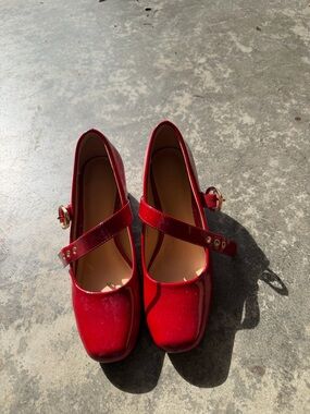 Red Patent Mary Jane Heels with Buckle Strap